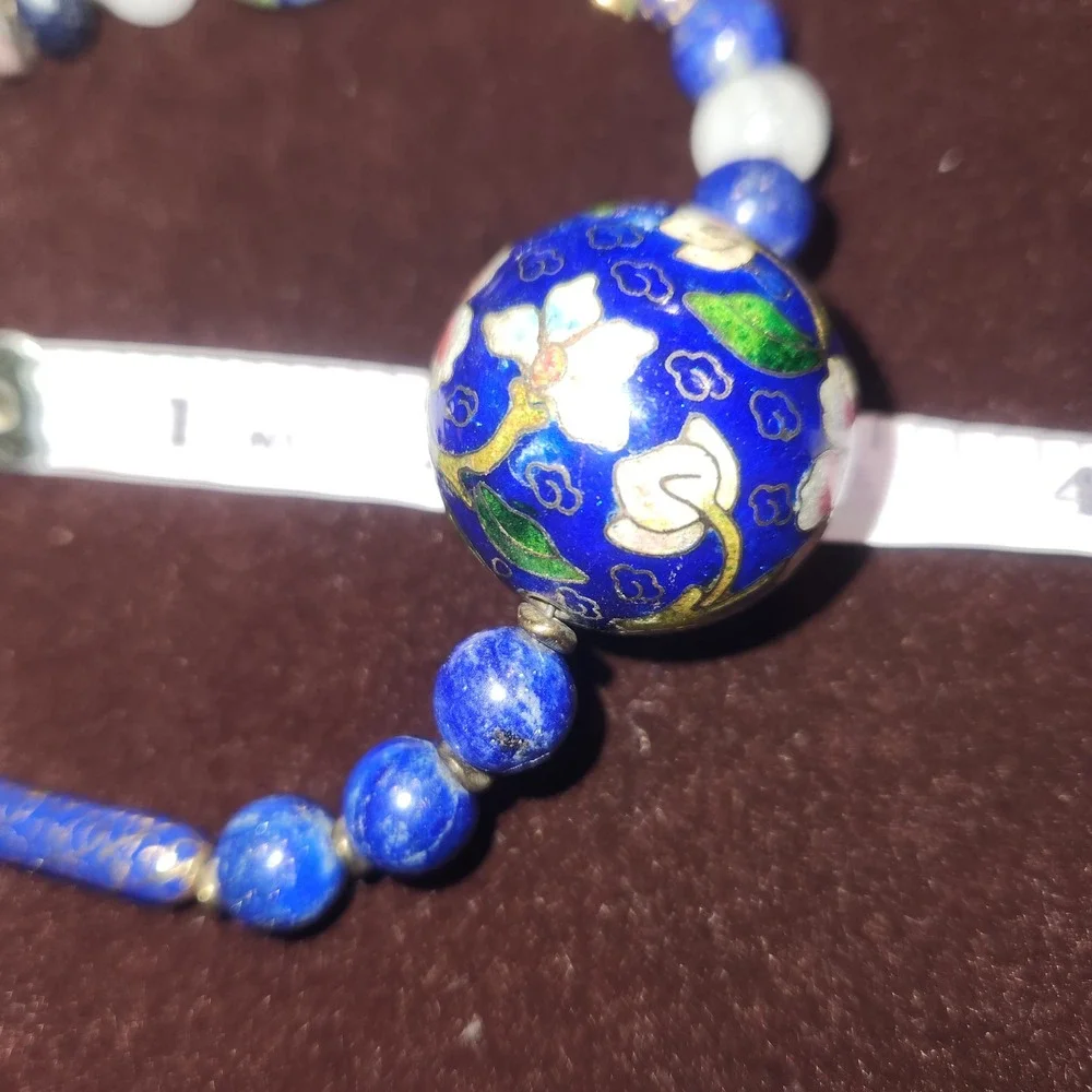Vintage Chinese Export Lapis‎ Lazuli Pink stone Cloisonne Enamel Bead Necklace